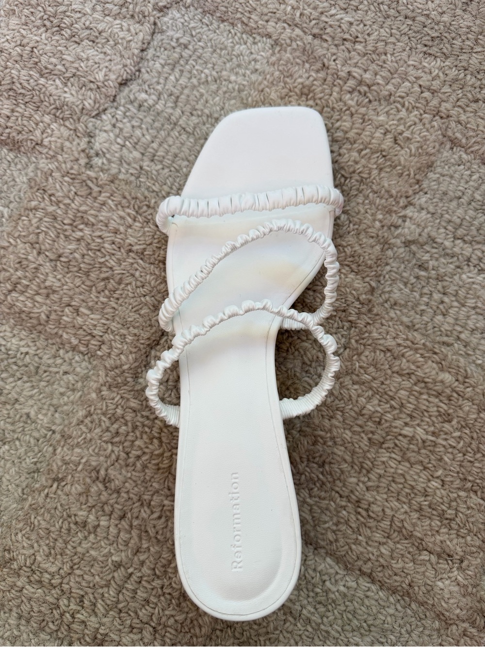 Reformation White Ruched-strap Square-toe Slide Sandal